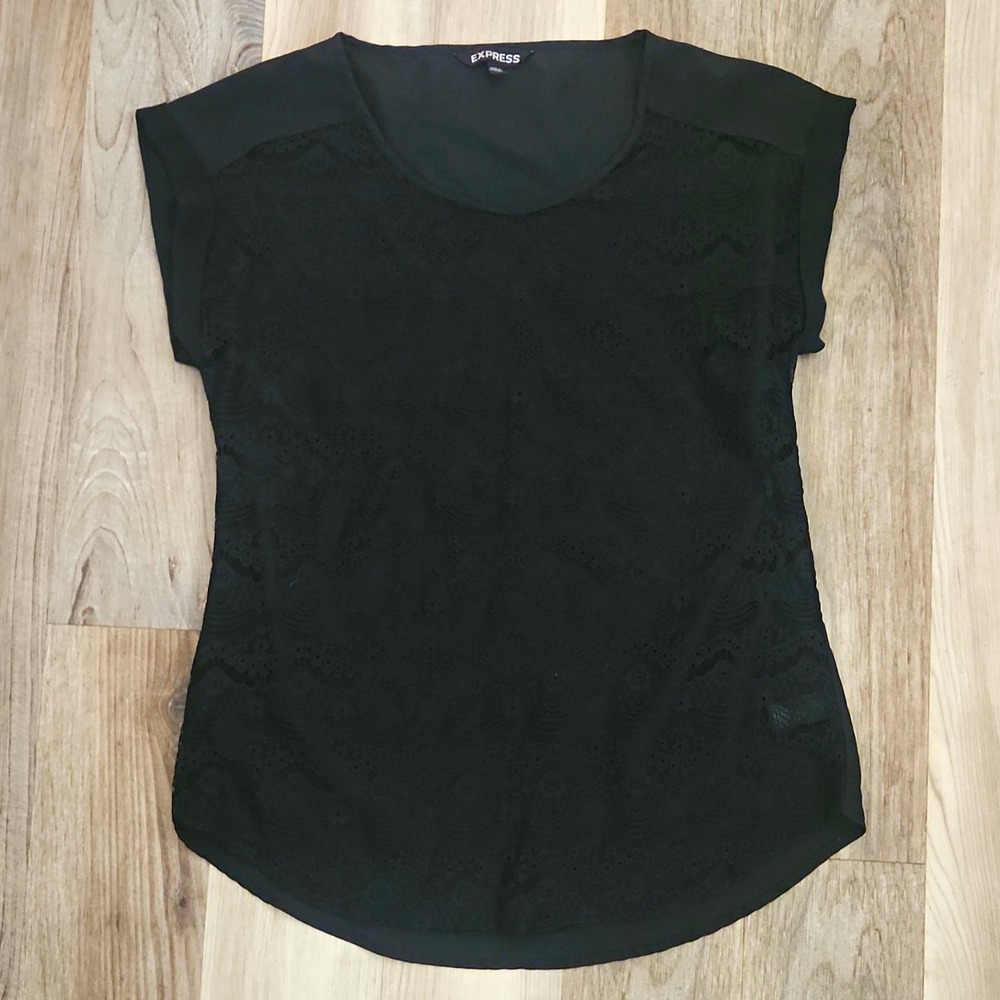 Express Women's Black Lace Front Cap Sleeve Blouse Size S Goth Dark Autumn Wimsy